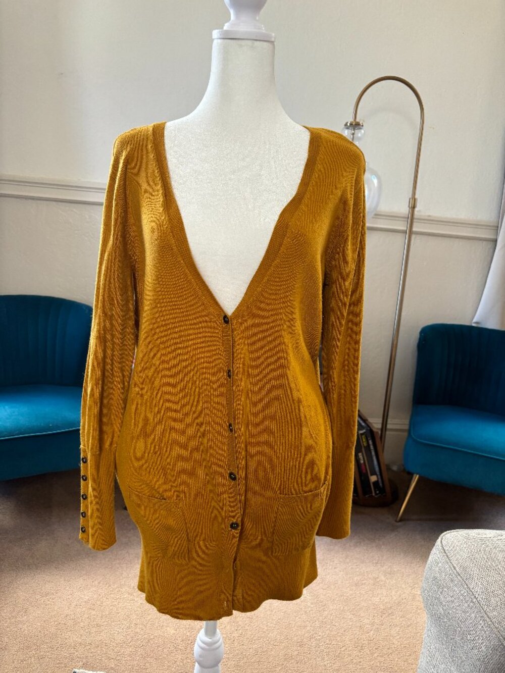 New York and Company Mustard Long Cardigan L